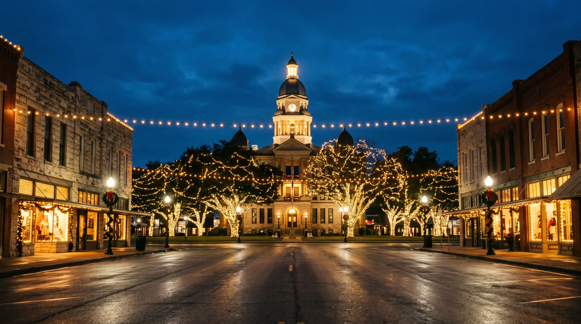 Historic Texas downtown square at night with lit trees, illuminated storefronts and a lit courthouse cupola.